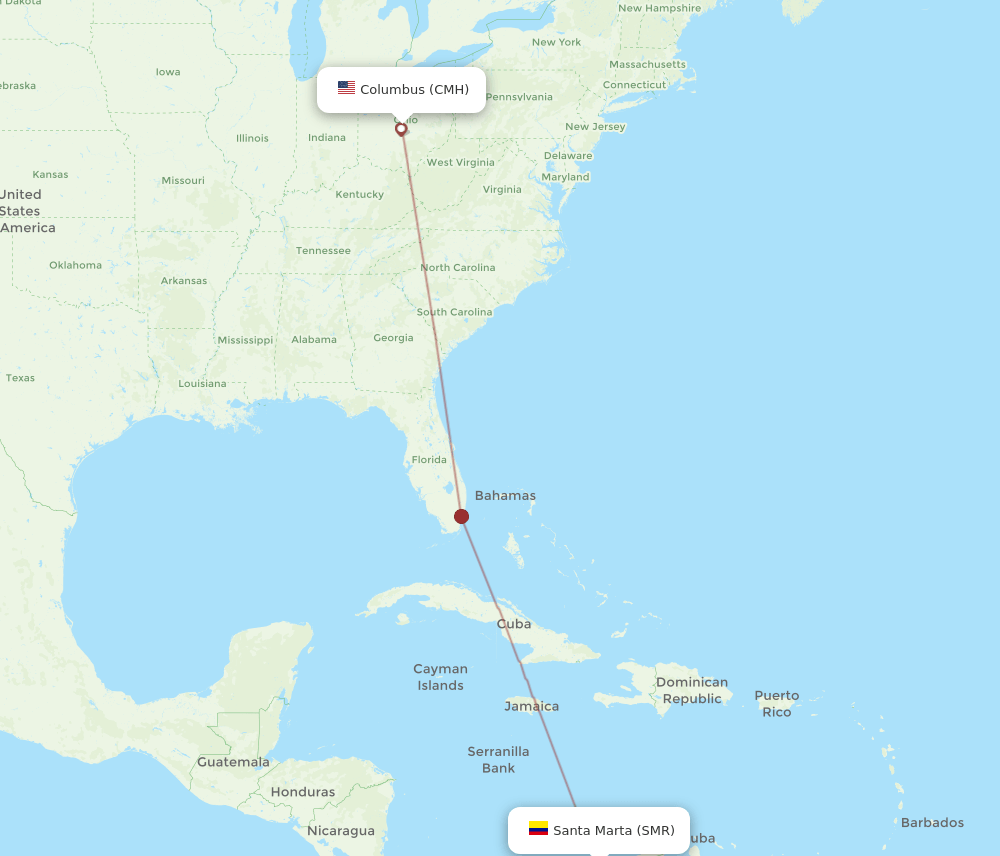 Columbus - Santa Marta route map and flight paths