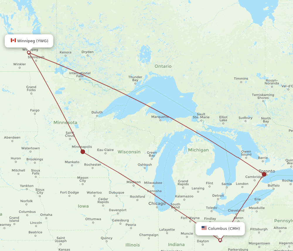 CMH-YWG flight routes