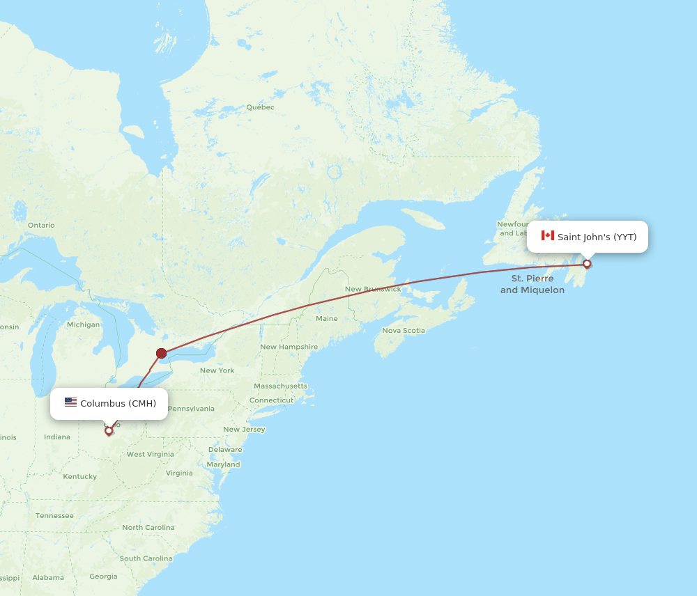 St. John's - Columbus route map and flight paths