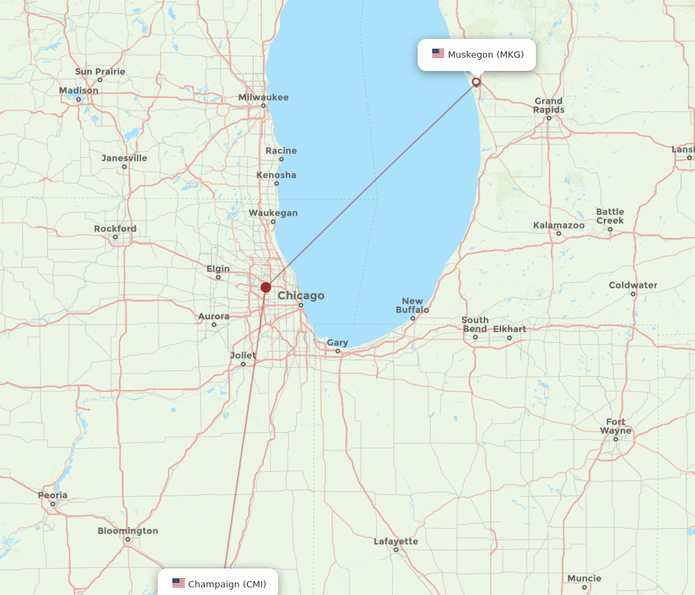 Champaign - Muskegon route map and flight paths