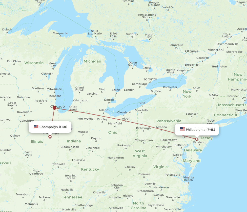 CMI-PHL flight routes