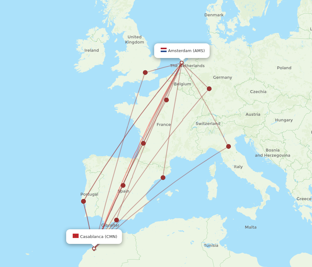 CMN to AMS flights and routes map