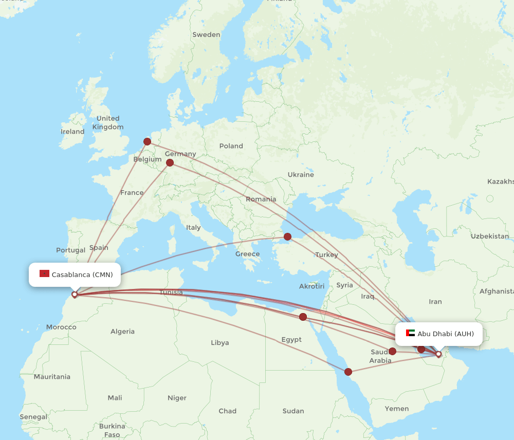 CMN to AUH flights and routes map