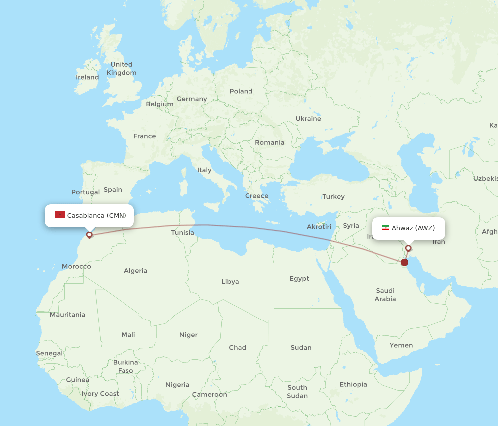 Ahwaz - Casablanca route map and flight paths