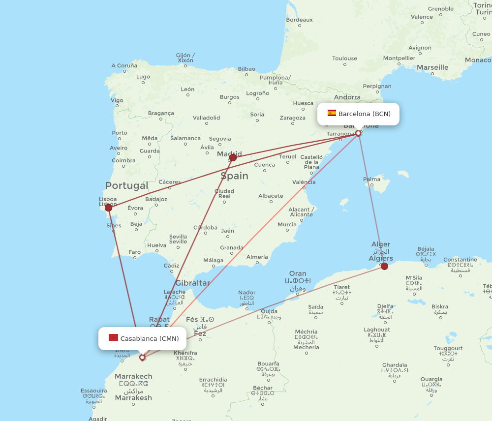 CMN to BCN flights and routes map