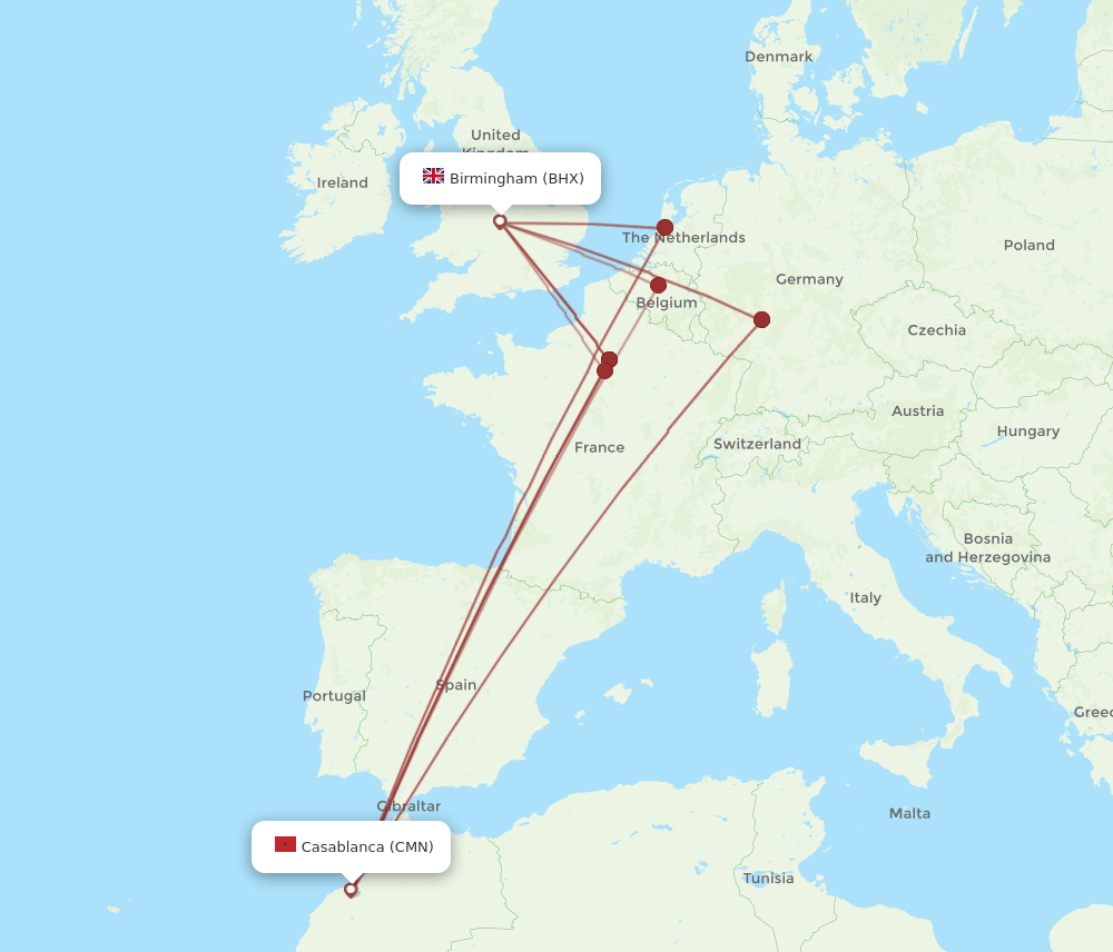 CMN-BHX flight routes