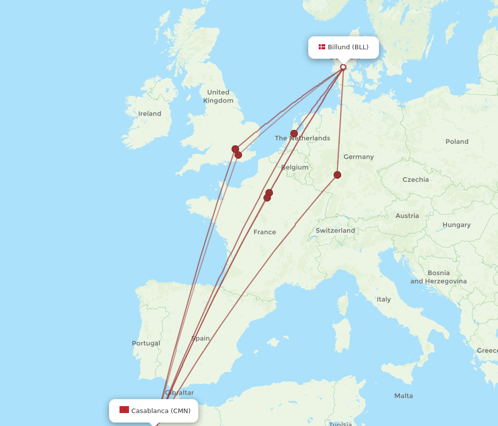 CMN to BLL flights and routes map