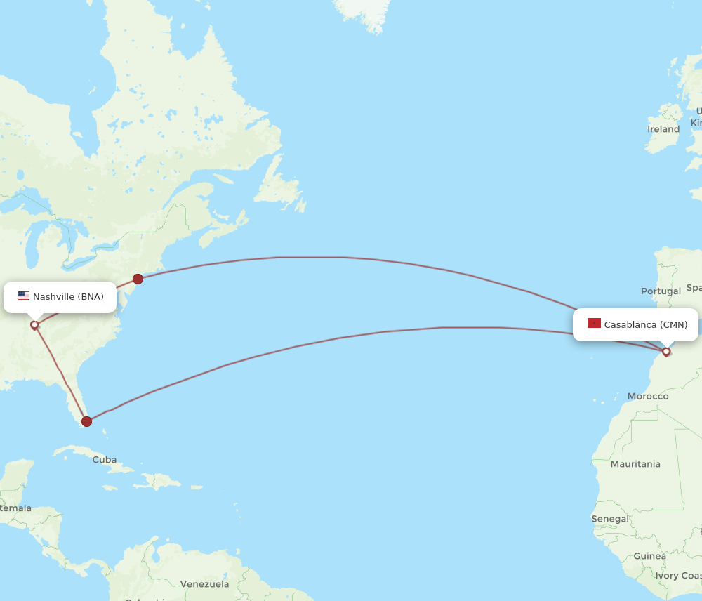 CMN-BNA flight routes