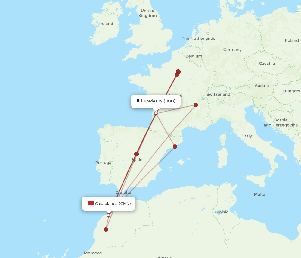 CMN-BOD flight routes