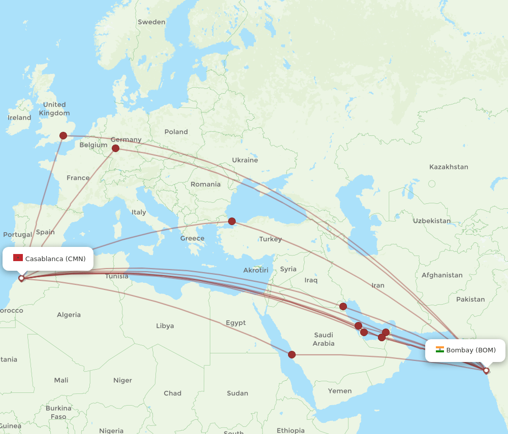 CMN-BOM flight routes