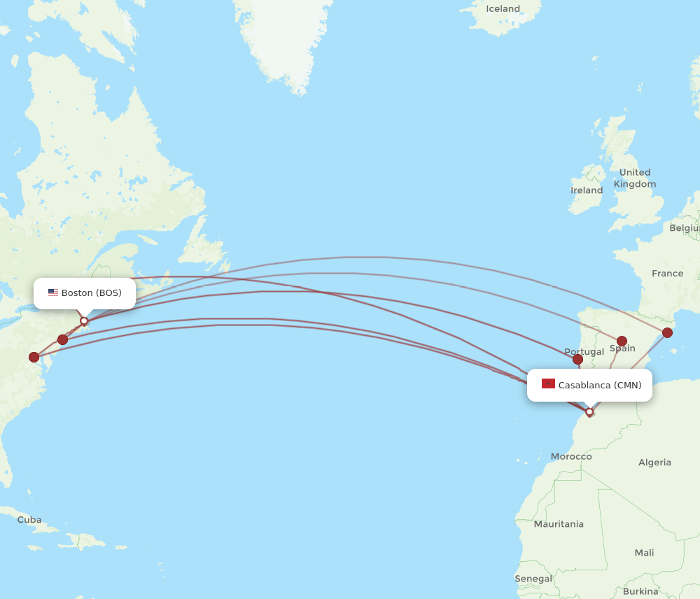 CMN to BOS flights and routes map