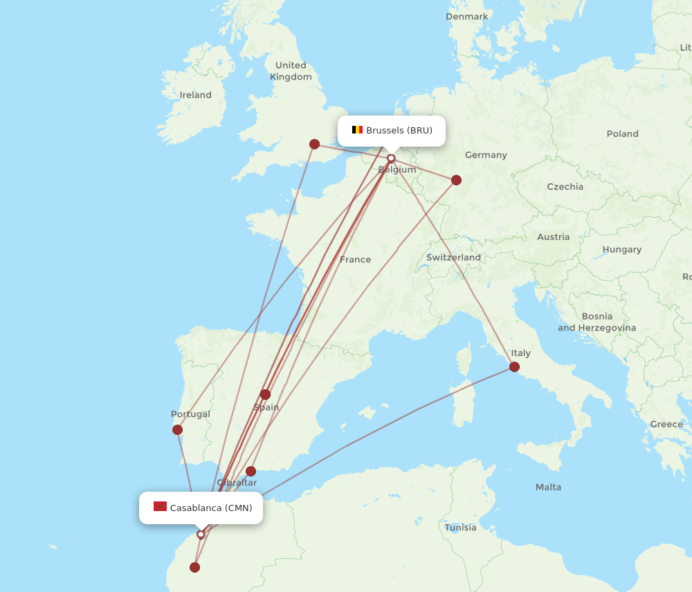 CMN to BRU flights and routes map