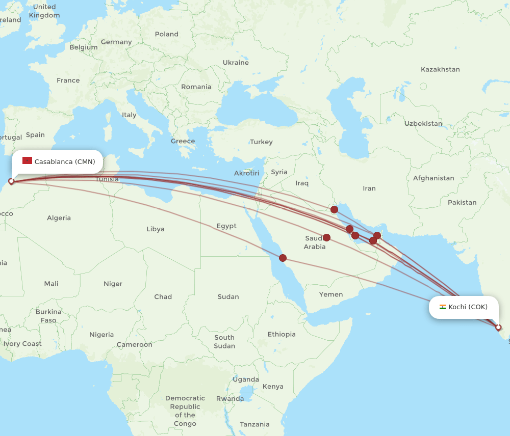 CMN-COK flight routes