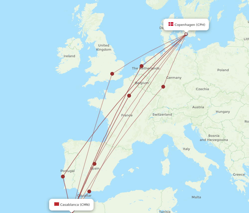 CMN to CPH flights and routes map