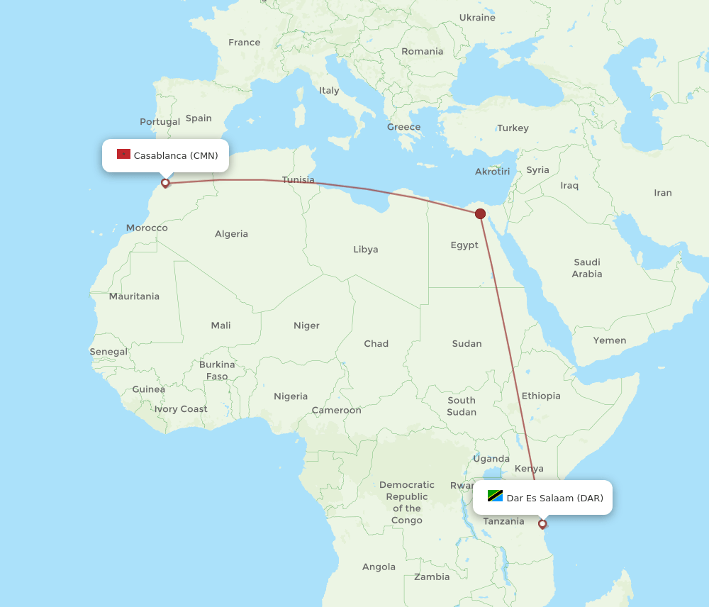 Dar Es Salaam - Casablanca route map and flight paths