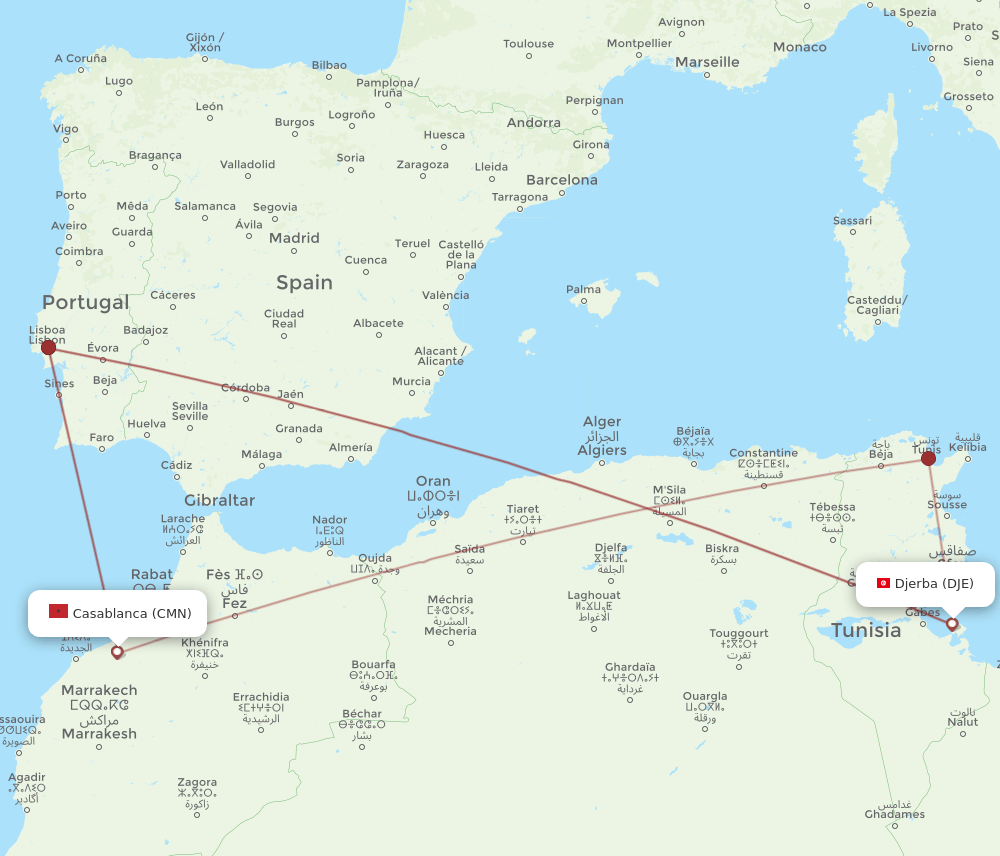 CMN to DJE flights and routes map