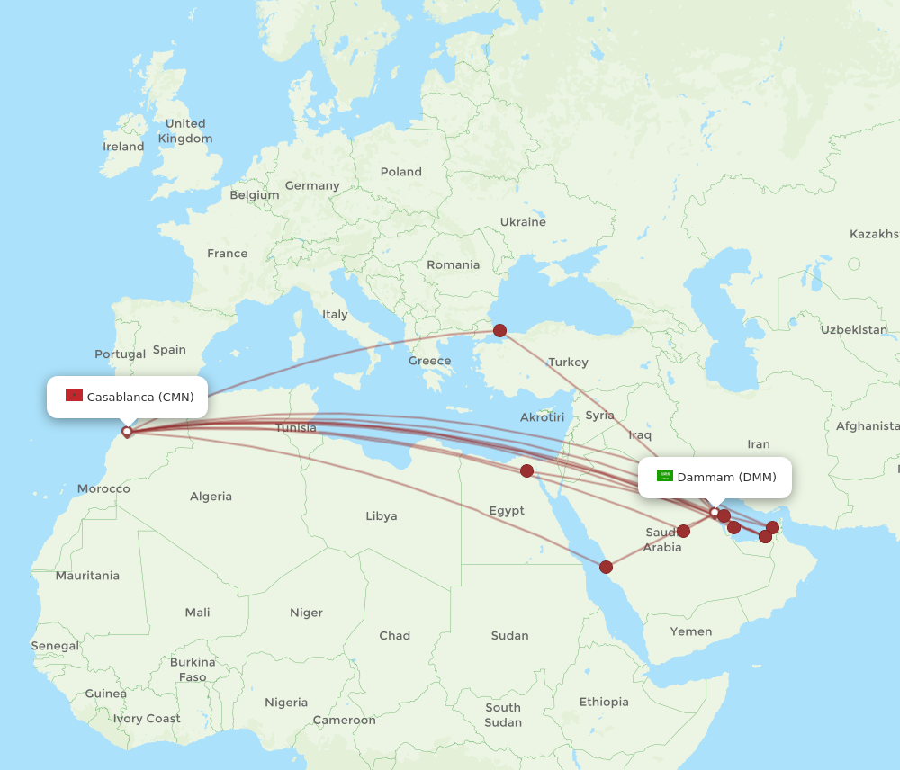 CMN to DMM flights and routes map