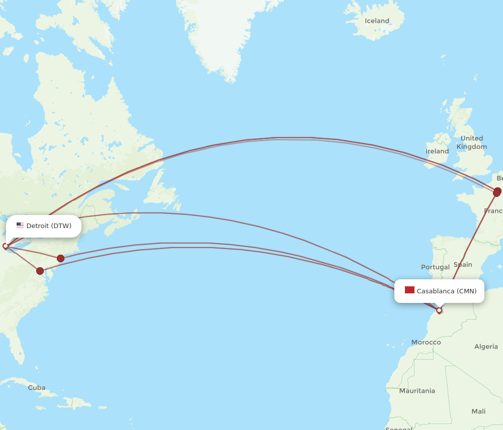CMN-DTW flight routes