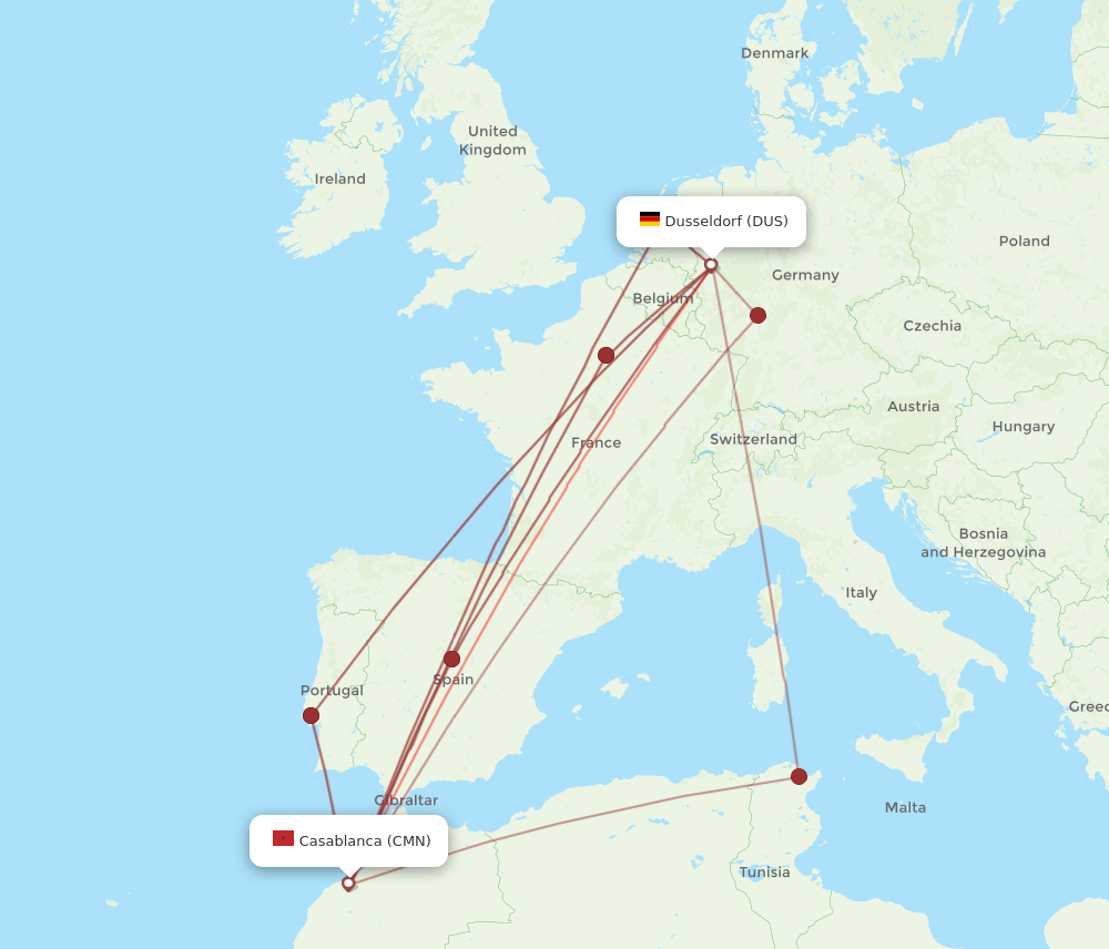 CMN to DUS flights and routes map