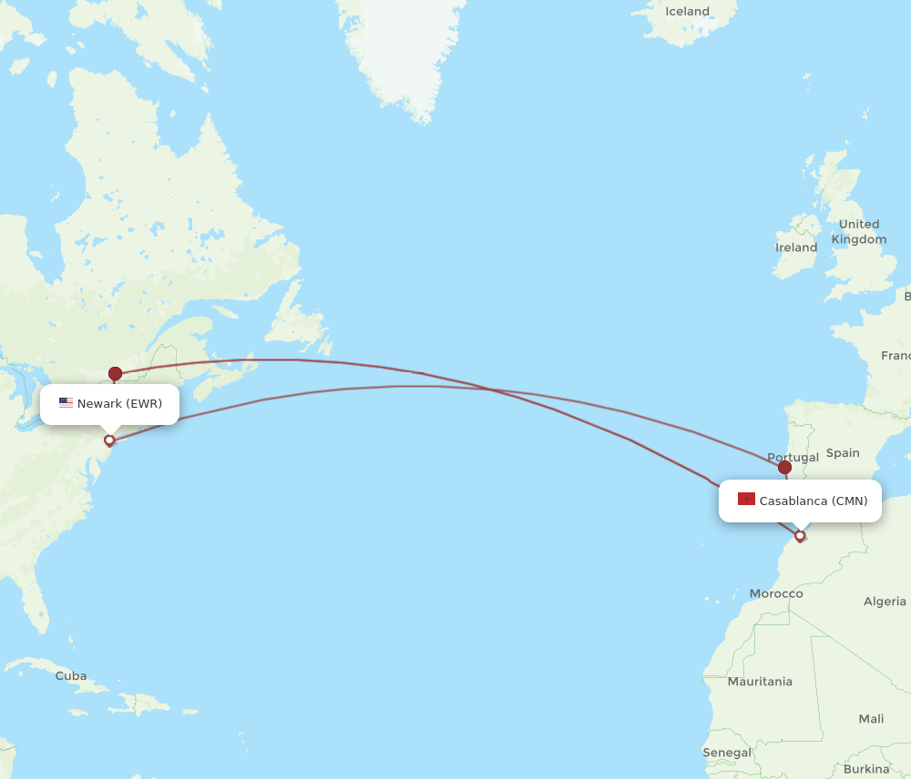 CMN-EWR flight routes