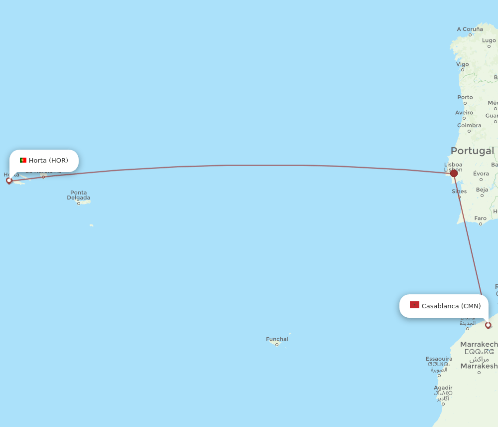 Horta (Azores) - Casablanca route map and flight paths