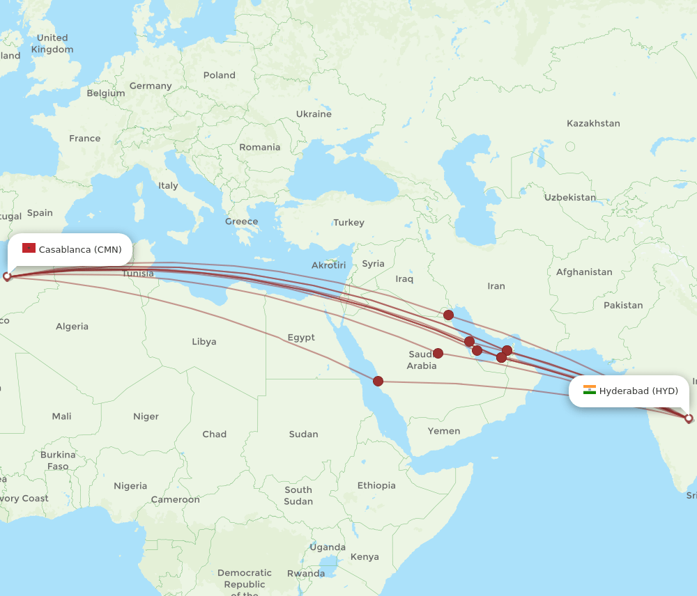 CMN-HYD flight routes