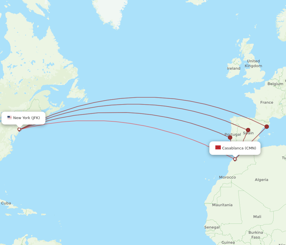 CMN to JFK flights and routes map