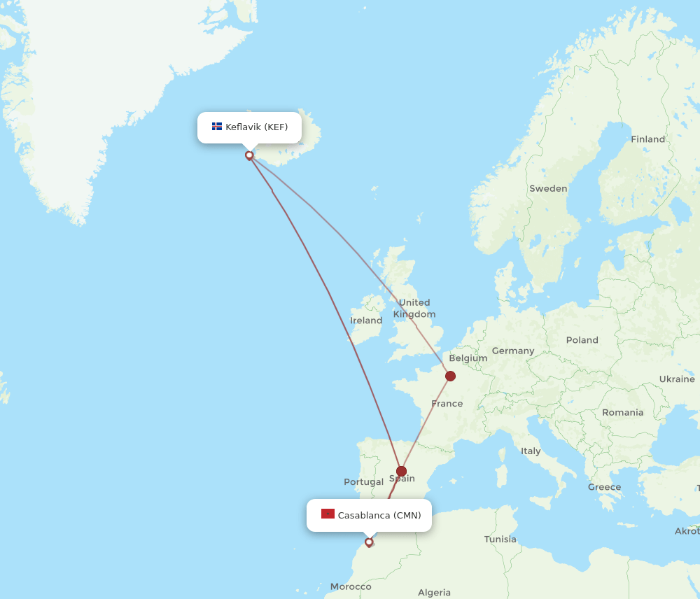 CMN-KEF flight routes