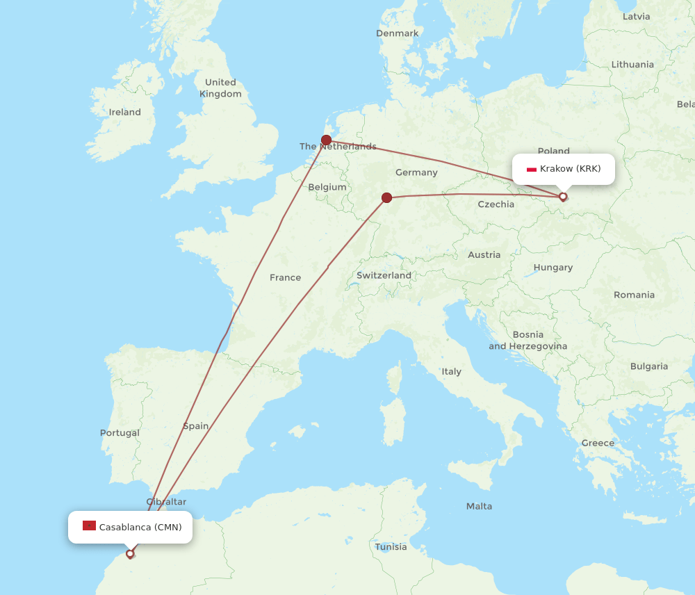 CMN-KRK flight routes