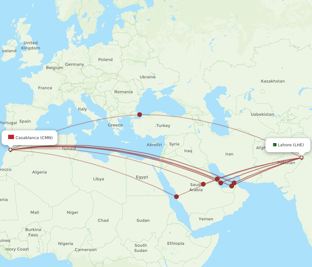 CMN-LHE flight routes