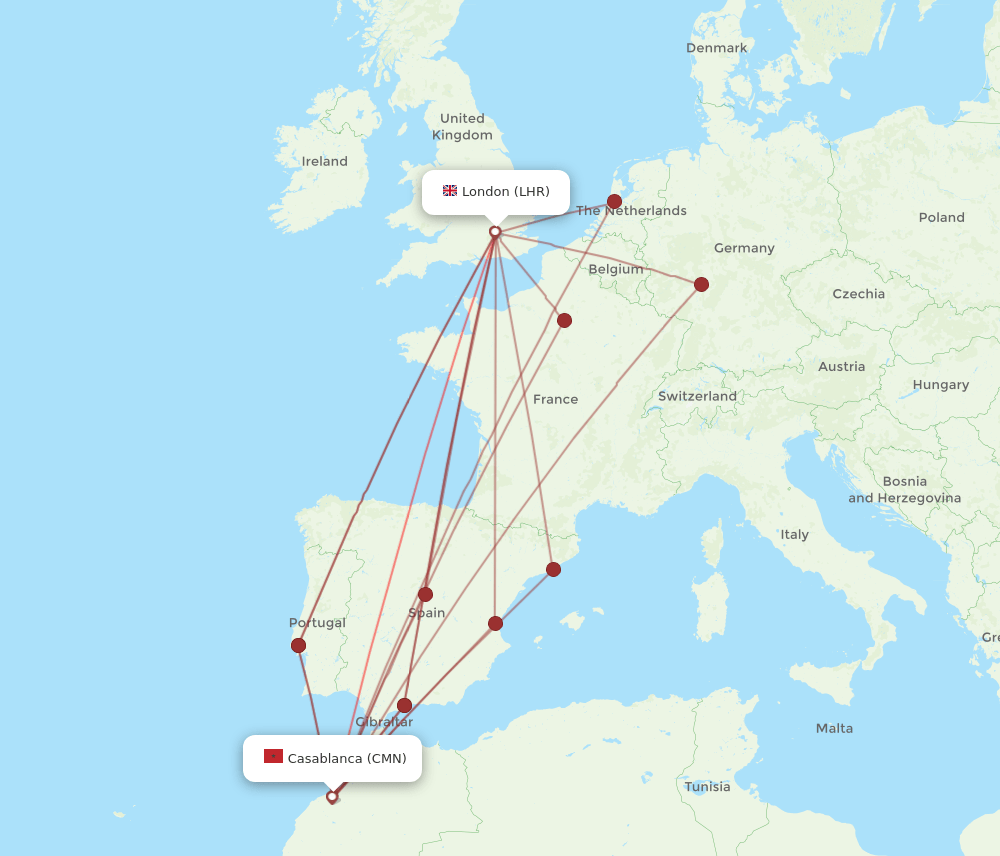 CMN to LHR flights and routes map