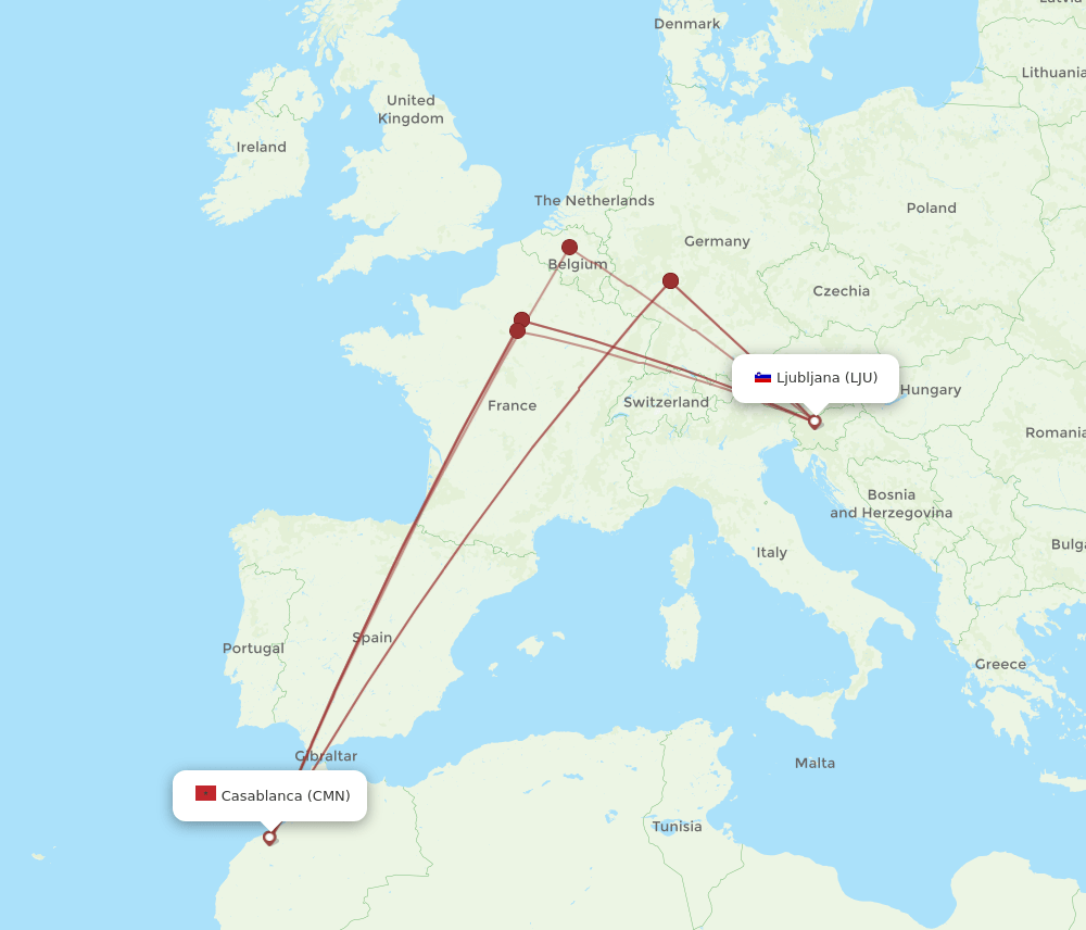 All flight routes from Casablanca to Ljubljana, CMN to LJU - Flight Routes