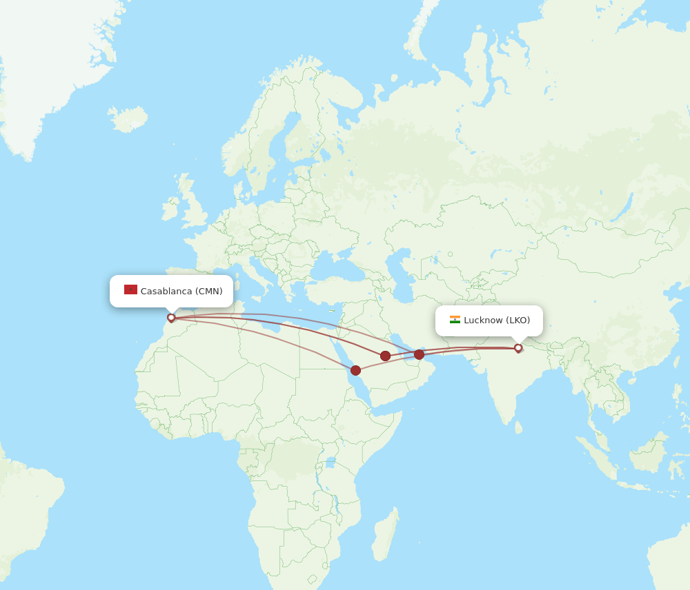 Lucknow - Casablanca route map and flight paths