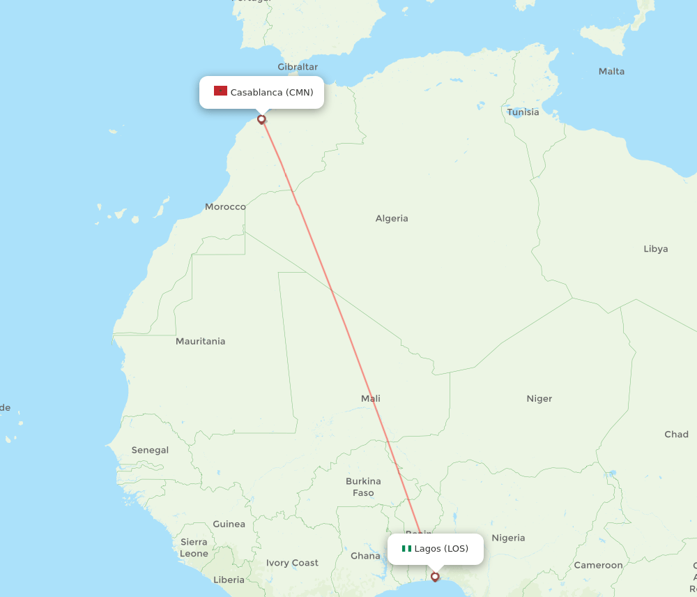 CMN to LOS flights and routes map