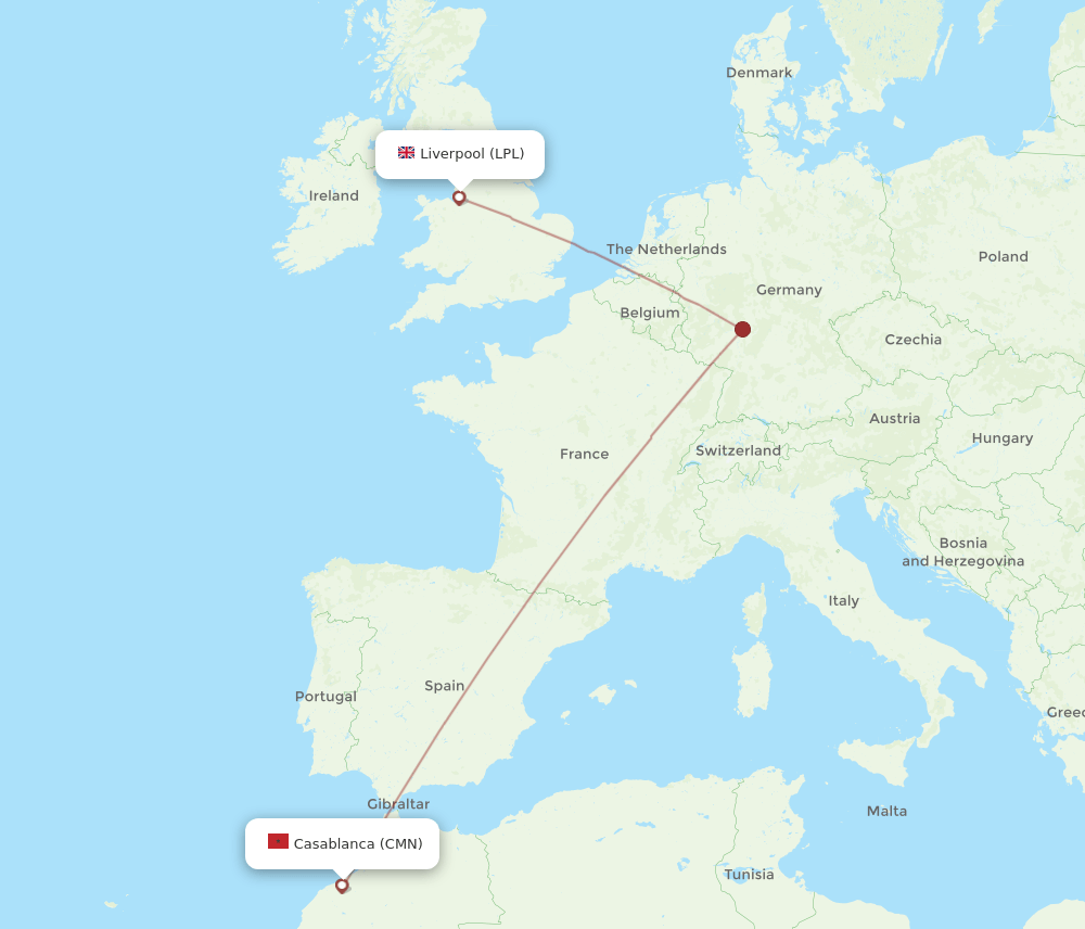 Casablanca - Liverpool route map and flight paths