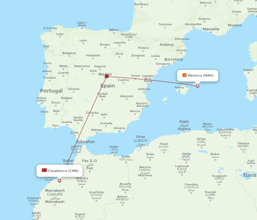 CMN-MAH flight routes