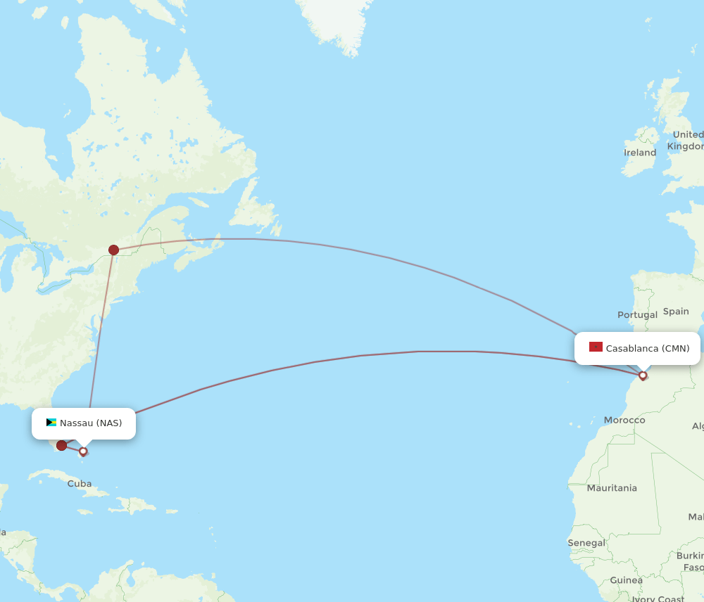 Casablanca - Nassau route map and flight paths