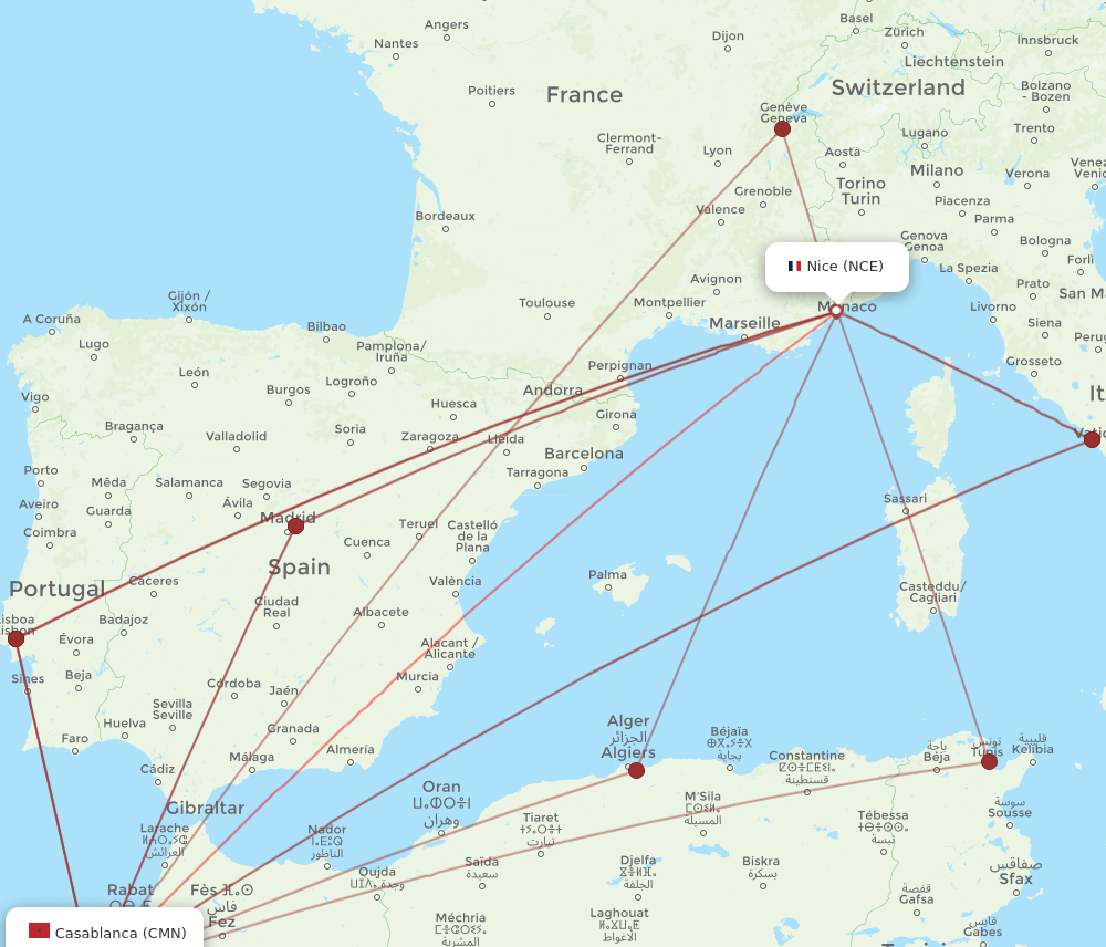 CMN to NCE flights and routes map