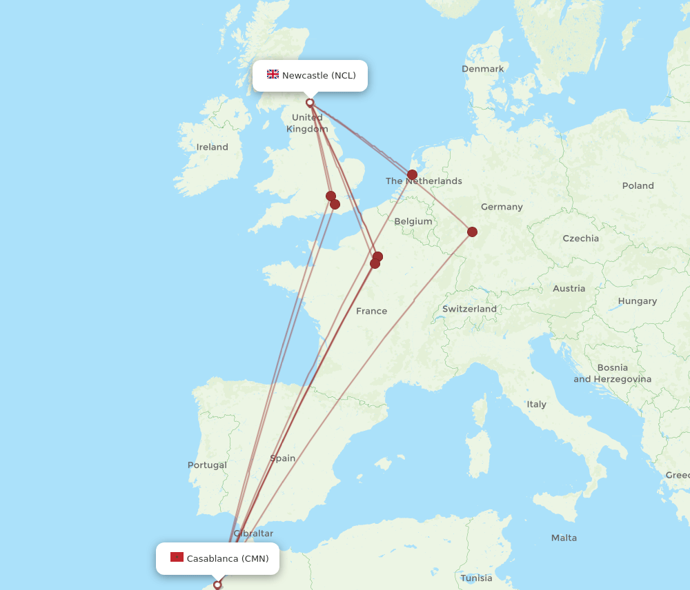 CMN to NCL flights and routes map