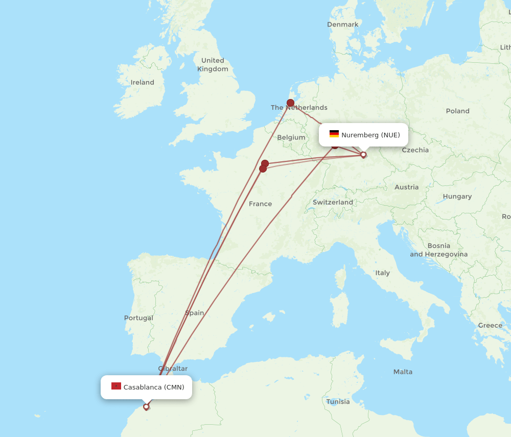 CMN to NUE flights and routes map