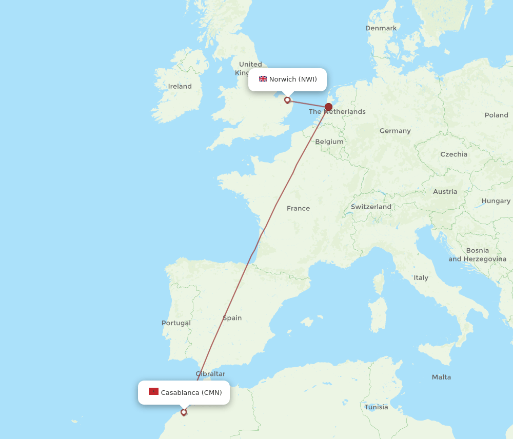 CMN-NWI flight routes
