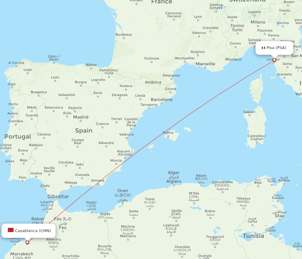 Casablanca - Pisa route map and flight paths