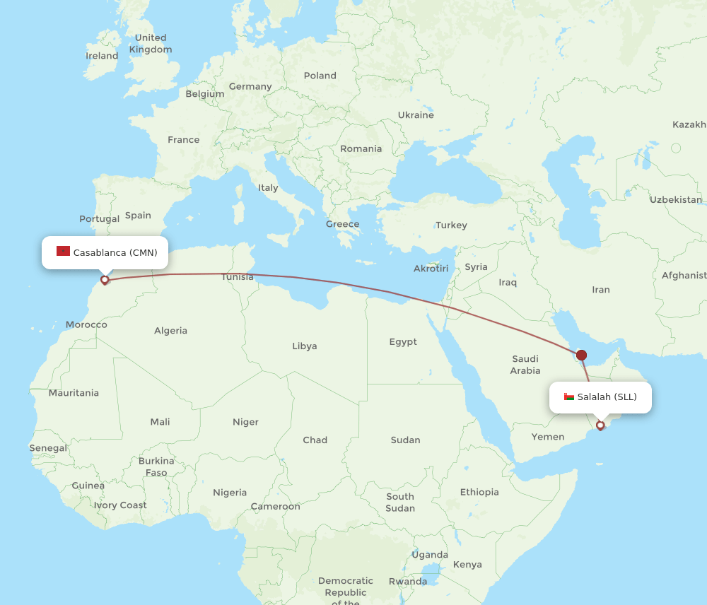 Salalah - Casablanca route map and flight paths