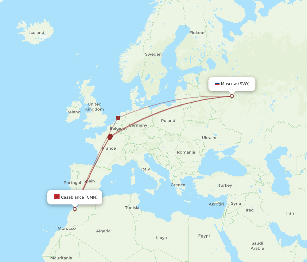 Casablanca - Moscow route map and flight paths