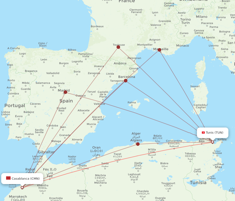 CMN to TUN flights and routes map