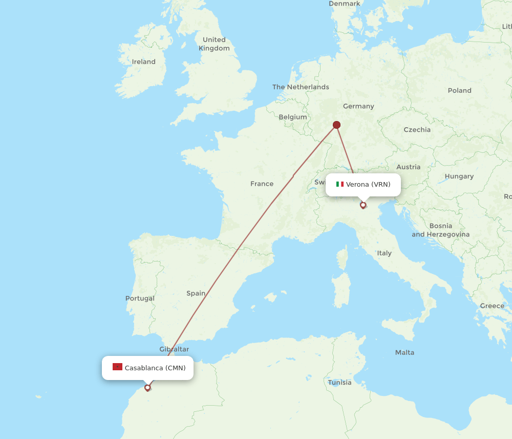 Verona - Casablanca route map and flight paths