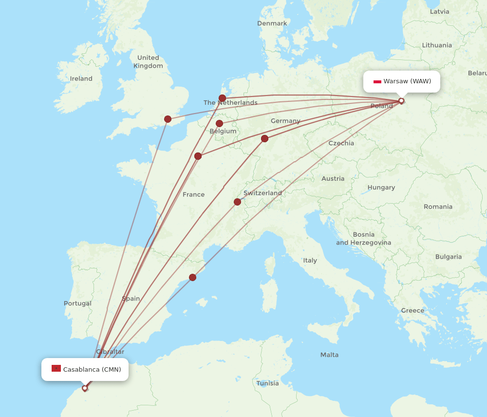 CMN-WAW flight routes