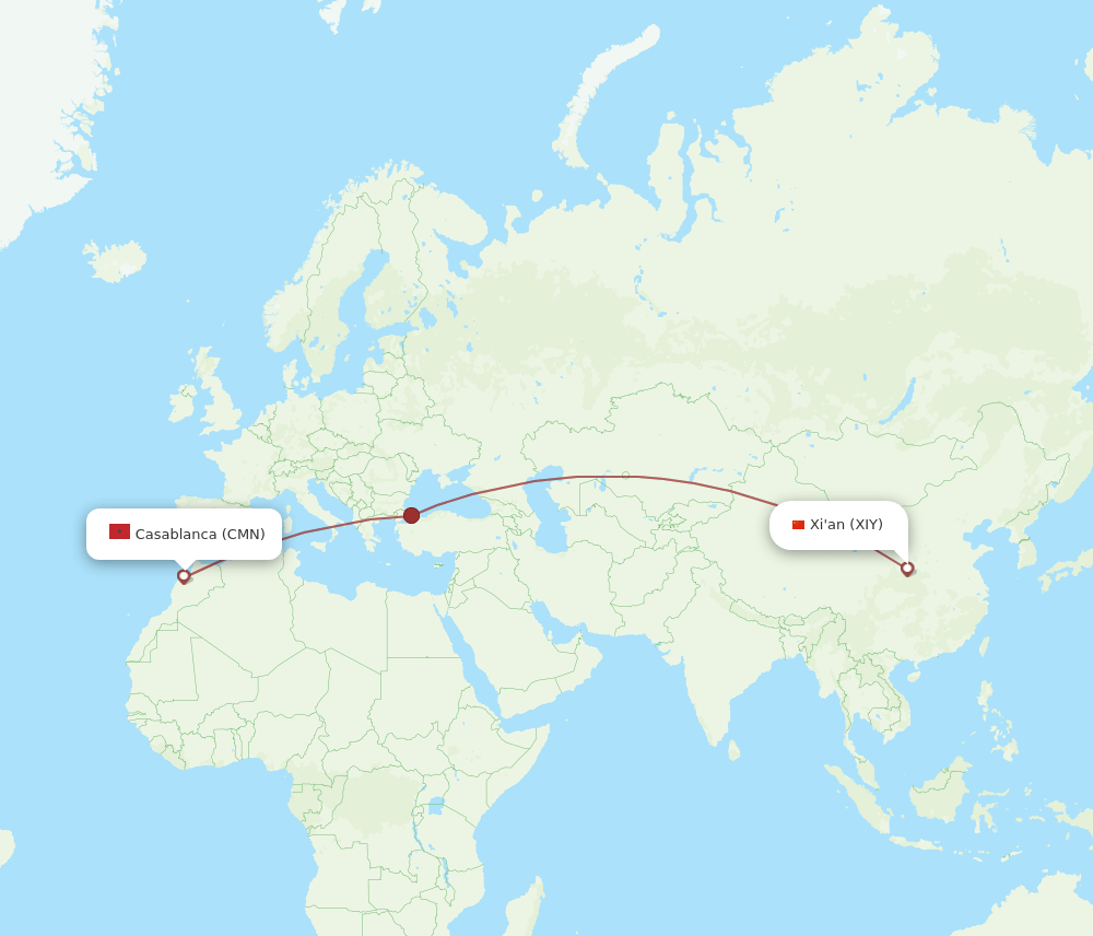 Xian - Casablanca route map and flight paths