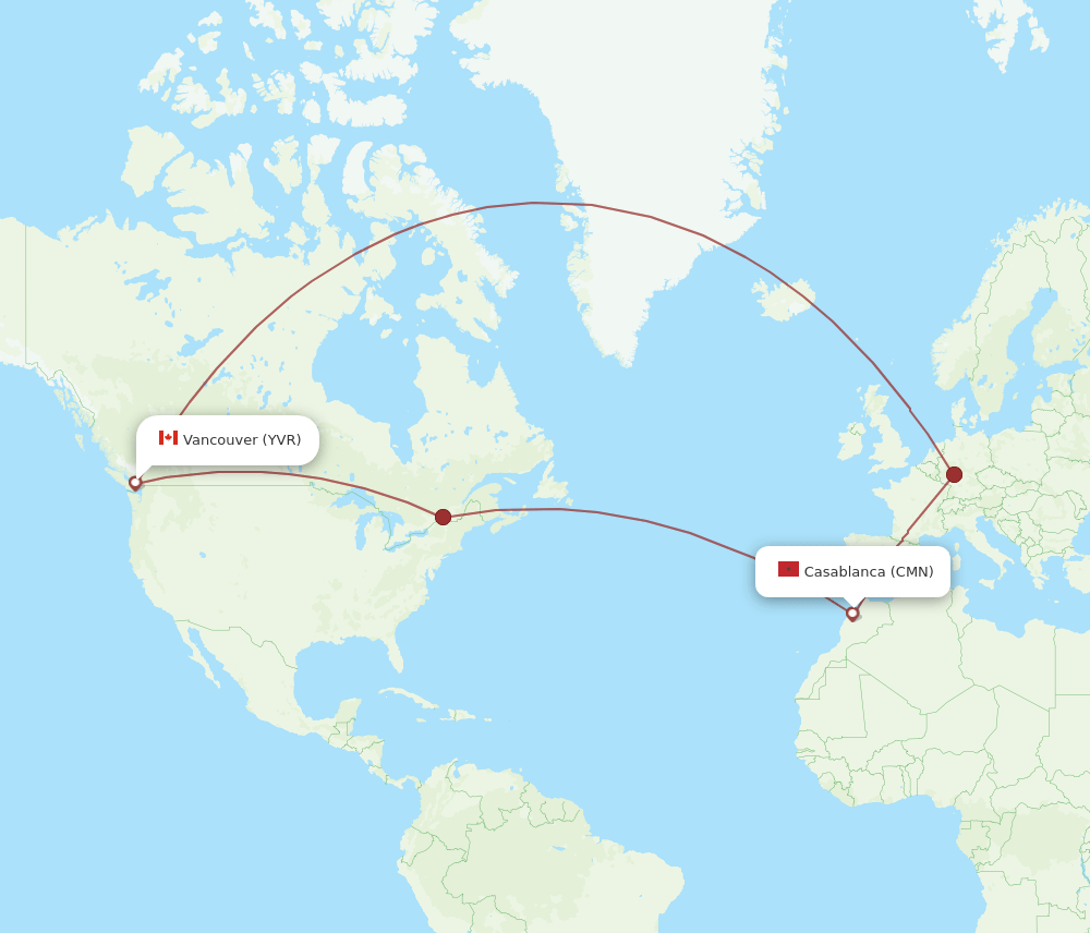 CMN to YVR flights and routes map