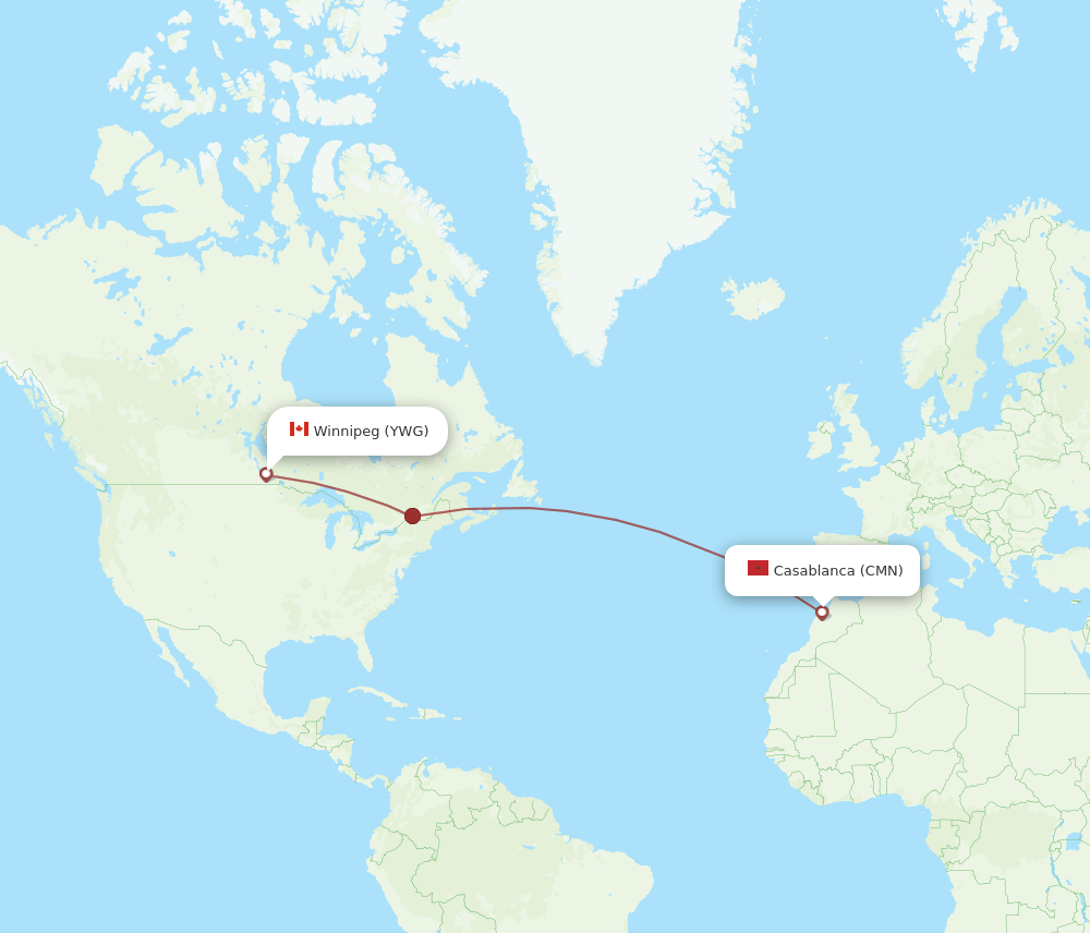 Winnipeg - Casablanca route map and flight paths